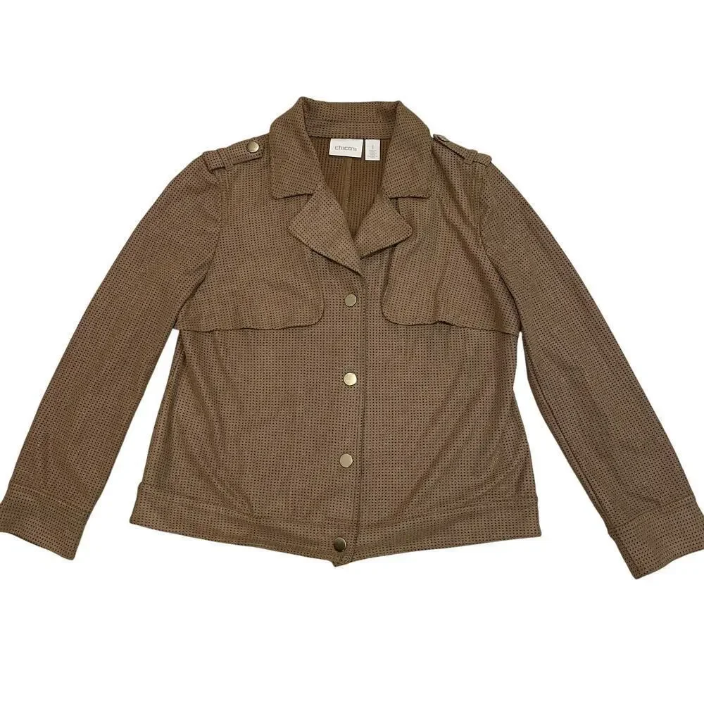 Chico’s 1 M Faux Suede Perforated Jacket | Mocha Chocolate Brown, Utility Moto